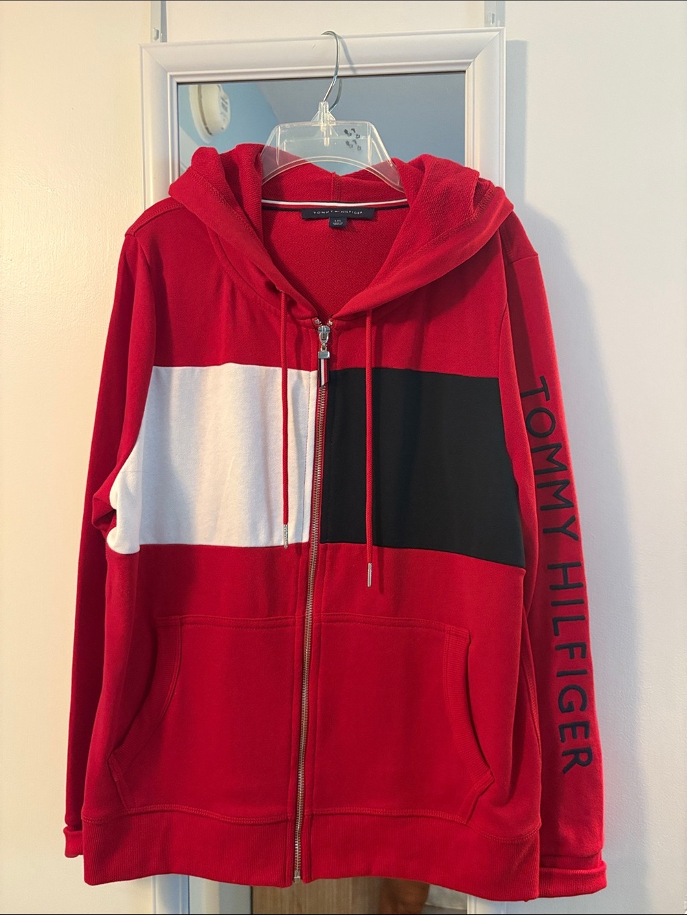 Tommy Hilfiger Red Colorblock Zip Hoodie with Blue & White Panels